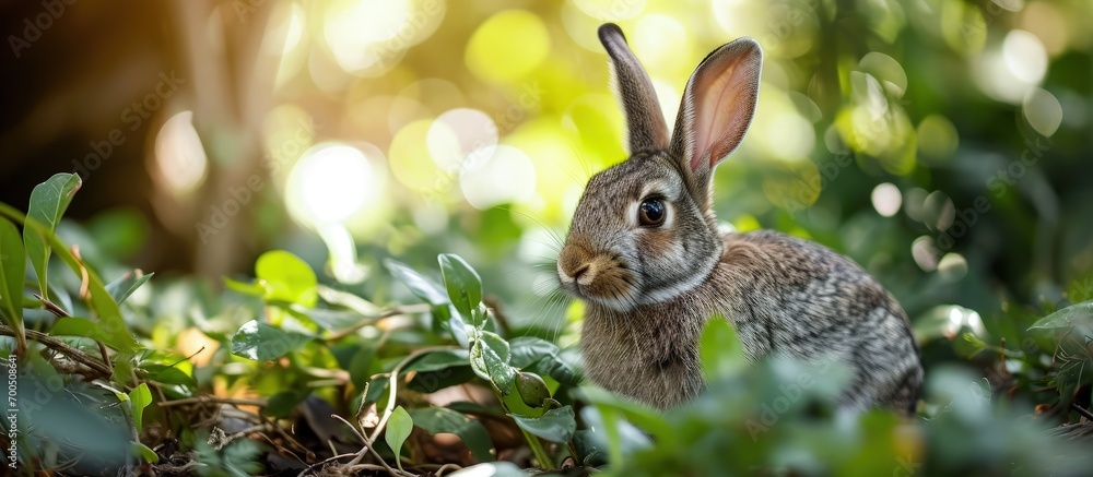 Poster a pet rabbit looks at the camera in the grass in the outhouse. creative banner. copyspace image