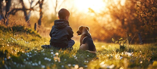 boy with a dog walks in the park on a sunny spring evening sits on the grass the dog obeys the order give a paw Friendship of man and animal healthy lifestyle. Creative Banner. Copyspace image - obrazy, fototapety, plakaty