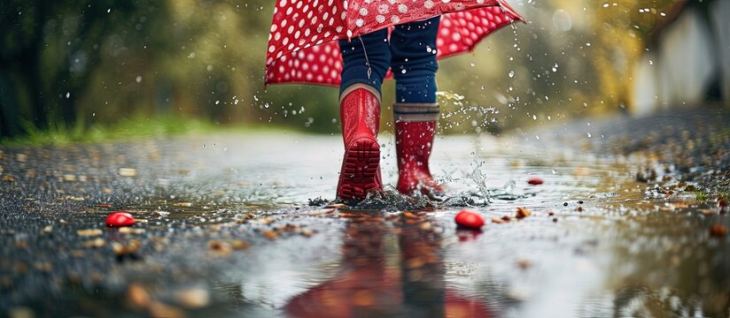 Child with polka dots umbrella wearing red rain boots jumping into a puddle. Creative Banner. Copyspace image
