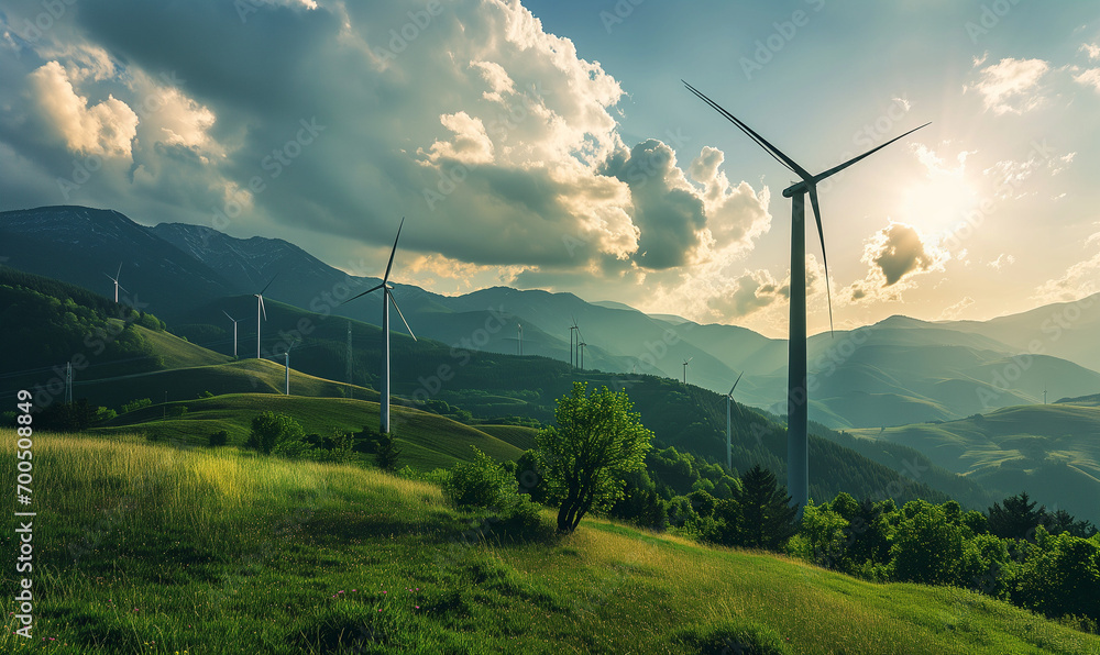 Wall mural mountain landscape with wind turbines