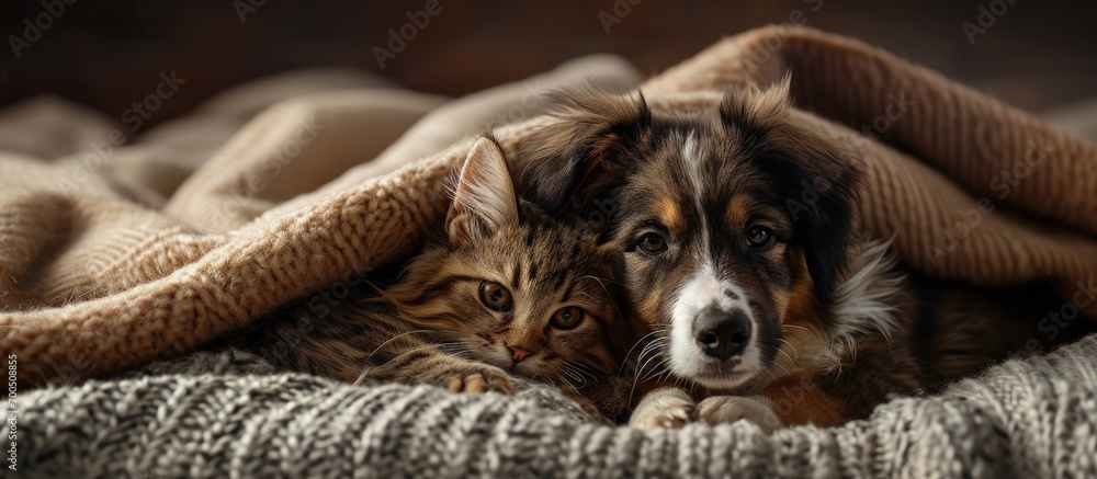 Wall mural In the bedroom at home under the covers on the bed are a small puppy and kitten the kitten kisses the puppy on the forehead at night. Creative Banner. Copyspace image