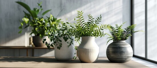 green plants in ceramic vase in living room on table. Creative Banner. Copyspace image