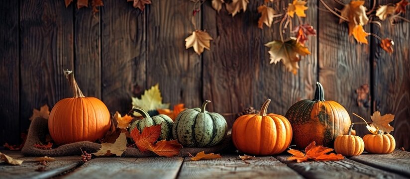 Beautiful table setting with fresh pumpkins and fallen leaves near wooden wall. Creative Banner. Copyspace image