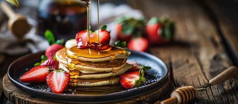 Cheerful young couple pouring honey onto tasty pancakes with strawberries on wooden kitchen tabletop. Creative Banner. Copyspace image