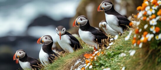 Fototapeta premium A group of 7 puffins meet on the grass at Elliston NL Six seem to be listening while the bossy one in the middle seems to be giving a lecture. Creative Banner. Copyspace image