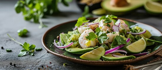 Avocado and Citrus Raw Fish Salad Ceviche With Red Onion On a ceramic plate. Creative Banner. Copyspace image - obrazy, fototapety, plakaty