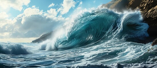 A big barrel wave break in the Pacific Ocean perfect for surfing. Creative Banner. Copyspace image - obrazy, fototapety, plakaty