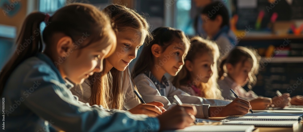 Poster happy children group in school classrom taking notes and learning biology and anatomy lessons with t