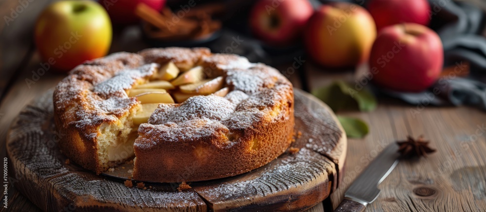 Poster clasic sponge cake with apples on wood table selective focus homemade cake. creative banner. copyspa