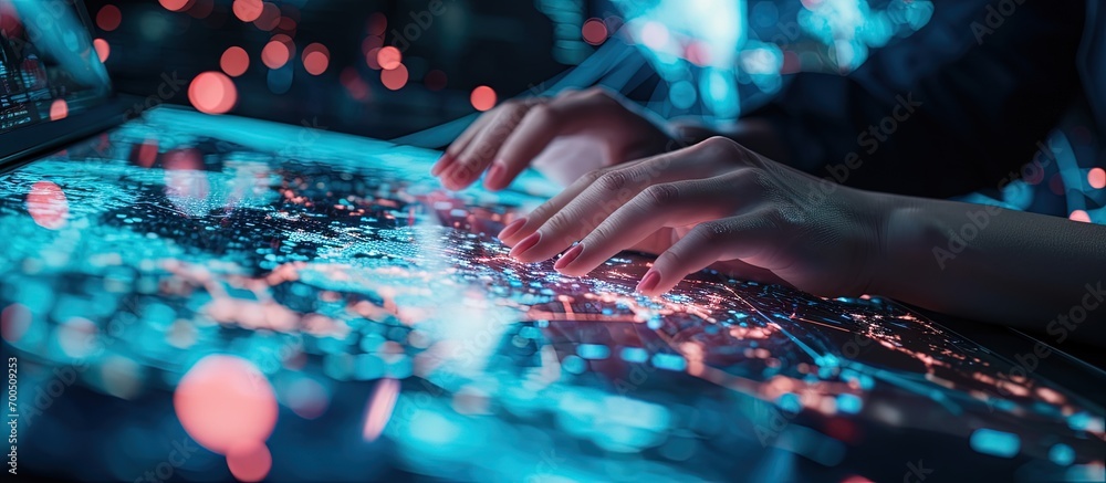 Poster double exposure of woman hands working on computer and world map hologram drawing international tech