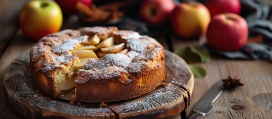 Clasic sponge cake with apples on wood table selective focus Homemade cake. Creative Banner. Copyspace image - obrazy, fototapety, plakaty