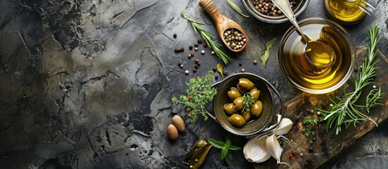Homemade vinaigrette salad dressing with olive oil vinegar and herbs. Creative Banner. Copyspace image - obrazy, fototapety, plakaty