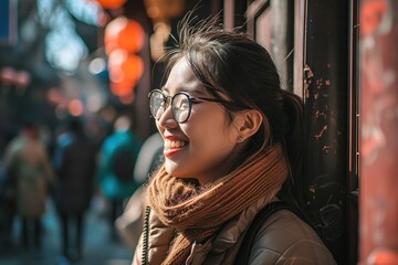 Fototapeta premium Woman with Radiant Smile in the Urban Hustle. Generative AI.