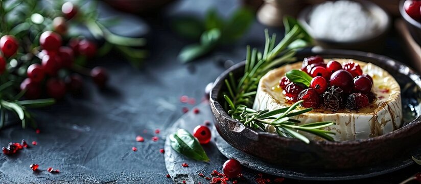 Baked camembert cheese with cranberries basil leaves and rosemary on dark table French cuisine place for text top view. Creative Banner. Copyspace image