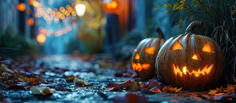 Halloween Jack o Lantern pumpkins outdoor. Creative Banner. Copyspace image