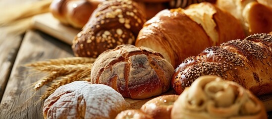 Bakery product assortment with bread loaves buns rolls and Danish pastries. Creative Banner. Copyspace image