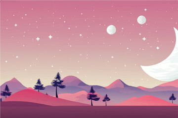 Serene Moonlit Landscape with Mountains and Lake. Peaceful sky with full moon over tranquil lake.  Nature landscape with moon in the sky. Illustration art. Nature moon Serene.