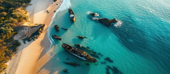 An aerial view of the Shipwrecks on Moreton Island Queensland Australia. Creative Banner. Copyspace image