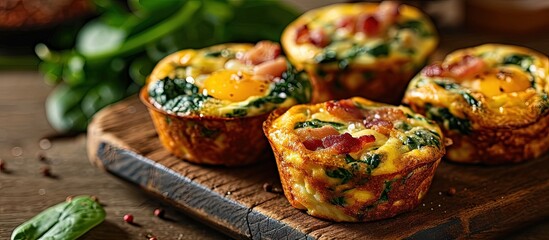 Healthy spinach and bacon egg muffins high protein and low carb breakfast. Creative Banner. Copyspace image - obrazy, fototapety, plakaty