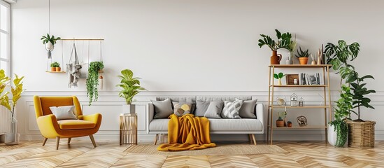 Ladder with blanket standing next to white wooden rack with decorations books and plants in bright living room interior with grey couch and mustard armchair. Creative Banner. Copyspace image