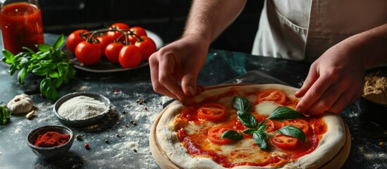 Male chef spreading tomato paste on pizza base. Creative Banner. Copyspace image - obrazy, fototapety, plakaty