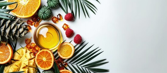 Fresh ripe palm oil fruits sweets and cosmetic products on white background flat lay Space for text. Creative Banner. Copyspace image