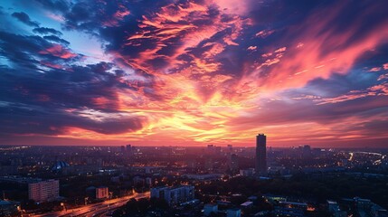 Sunset over cityscape with dramatic clouds and illuminated skyline - obrazy, fototapety, plakaty