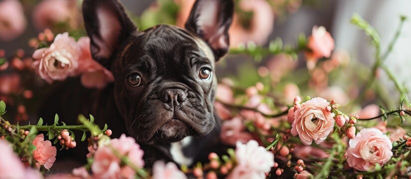 French Bulldog puppy sitting in front of flowers. Creative Banner. Copyspace image