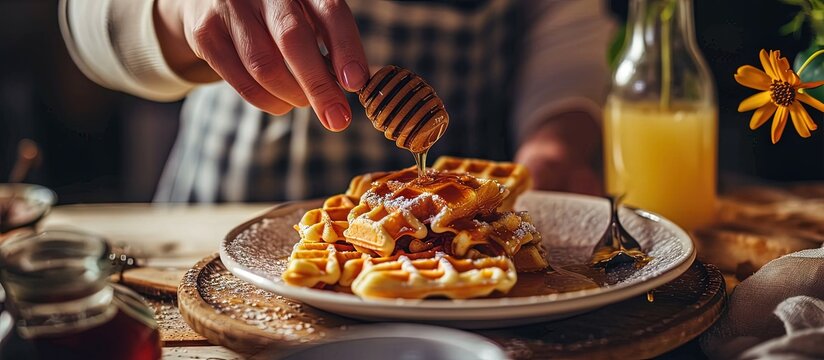 Close up of woman adding honey on waffles while eating breakfast at home. Creative Banner. Copyspace image