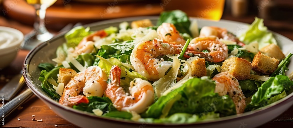 Poster italian caesar salad with shrimp croutons and parmesan selective focus. creative banner. copyspace i
