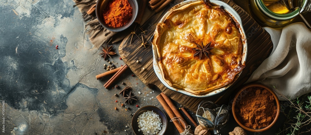 Sticker Classic pie with salmon and white fish on wooden board Composition with fish pie on concrete background with textile and spices Homemade pie with fish in rustic style on gray table. Creative Banner