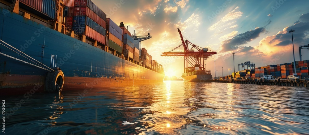 Poster aerial top view container ship in export and import global business and logistics shipping cargo com