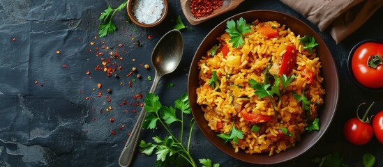 Delicious pilaf with peppers carrots and tomatoes nutritious food. Creative Banner. Copyspace image