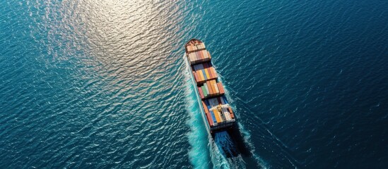 Aerial drone photo of industrial colourful vessel carrying heavy truck size containers cruising the Aegean deep blue sea. Creative Banner. Copyspace image - obrazy, fototapety, plakaty