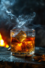 Classic old fashioned cocktail, smoke effect, dark, copy space