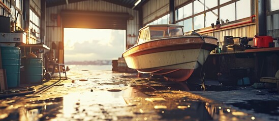 Boat on the stand in the marine workshop on the beautiful sunny day a place for maintenance and...