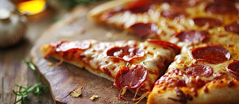 Poster hot pizza slice with pepperoni melting cheese on a rustic wooden table close up. creative banner. co