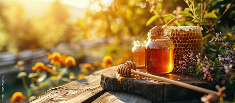 Poster honey in honeycombs top view fresh honey in honeycombs lies in a bowl on a wooden table close up on 