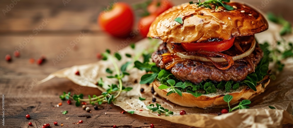 Poster burger with bacon meat onion sauce herbs and tomato on parchment. creative banner. copyspace image