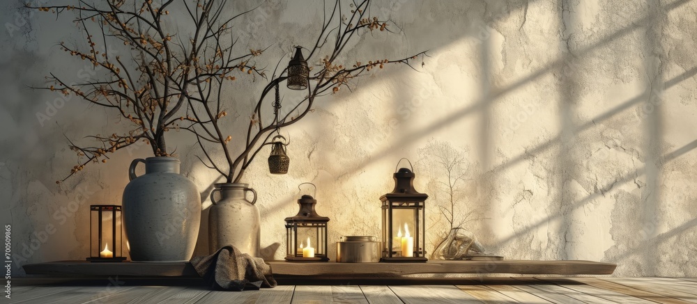 Aufkleber cozy lanterns and tree branches in a vase decorating a room. creative banner. copyspace image