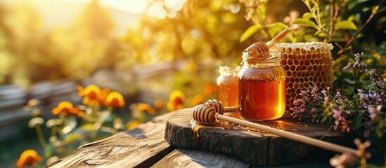 Honey in honeycombs top view Fresh honey in honeycombs lies in a bowl on a wooden table close up on a summer sunny day Organic honey production Beekeeping as natural traditional agriculture - Powered by Adobe