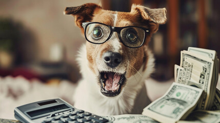 A cute dog in glasses, with its mouth wide open in surprise, looks at a calculator with a large stack of bills floating in the air. ai generated. - obrazy, fototapety, plakaty