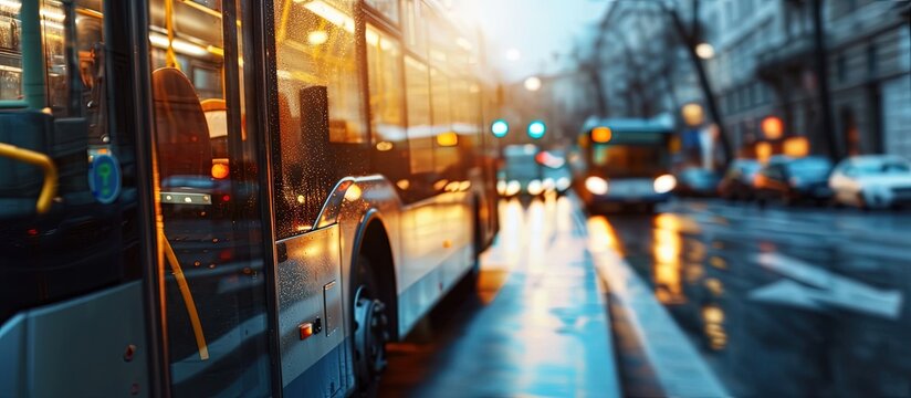 Fototapeta driving bus in city traffic in motion blur. Creative Banner. Copyspace image