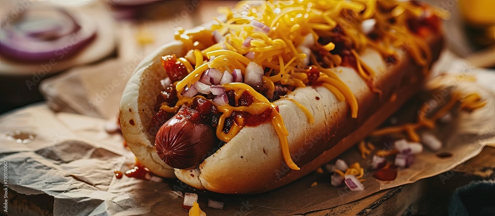 Sticker homemade hot chili dog with cheddar cheese and onions. creative banner. copyspace image