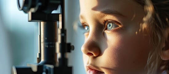 Child looks into phoropter during an eye examination of pediatric ophthalmologist Phoropter for measuring refractive error and determining information for prescription for eyeglasses. Creative Banner - obrazy, fototapety, plakaty