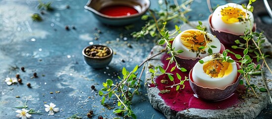 A beet juice soaked devilled egg garnished with chives dill and peppercorns. Creative Banner. Copyspace image - obrazy, fototapety, plakaty