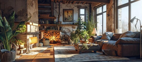 Interior design Big rustic style living room. Creative Banner. Copyspace image