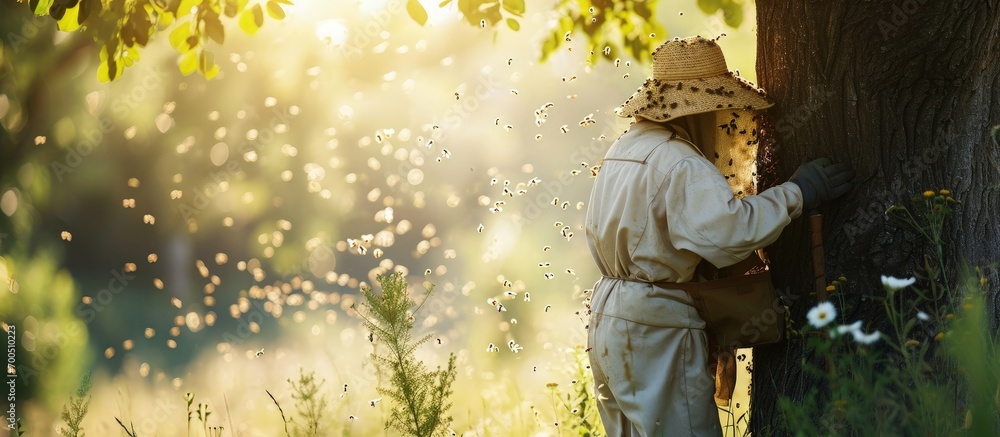 Poster Beekeeper removes a swarm of bees from a tree branch rear view. Creative Banner. Copyspace image