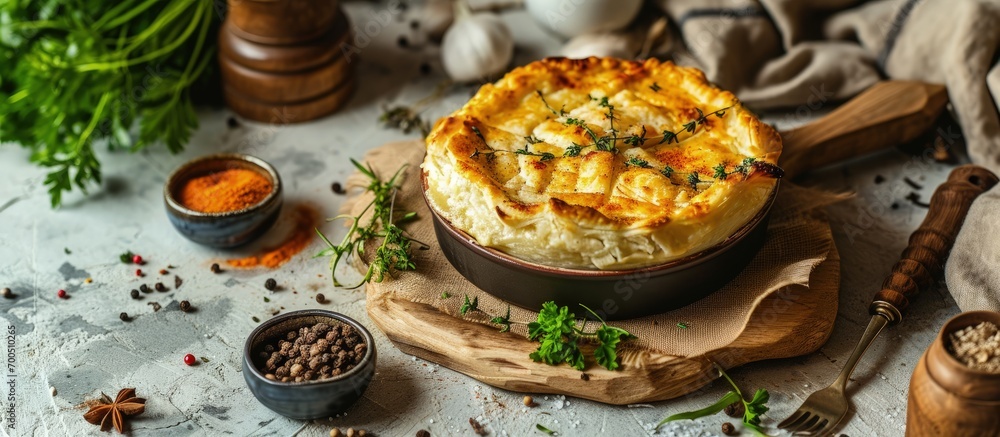 Poster Classic pie with salmon and white fish on wooden board Composition with fish pie on concrete background with textile and spices Homemade pie with fish in rustic style on gray table. Creative Banner