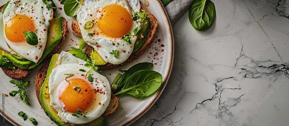 Aufkleber eggs on toast with avocado served for breakfast. creative banner. copyspace image